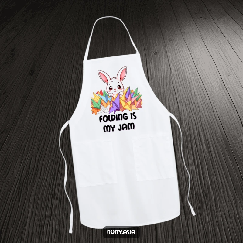 Funny apron showcasing a cute bunny peeking with curiosity from a pile of colorful origami cranes, perfect for kitchen fun.