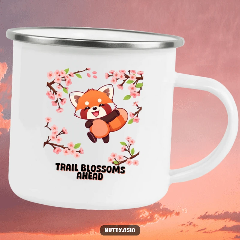 Funny red panda leaping through blossoms around a campfire, a humorous and rugged camping mug.