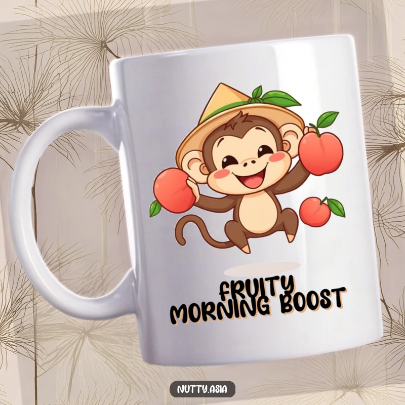 Funny monkey in a conical hat, joyfully juggling ripe peaches, a cheerful mug.