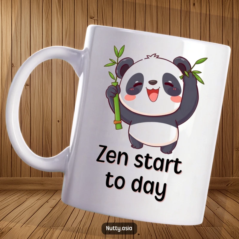 Funny panda with a wide grin, balancing a bamboo stalk on its nose, a whimsical mug.