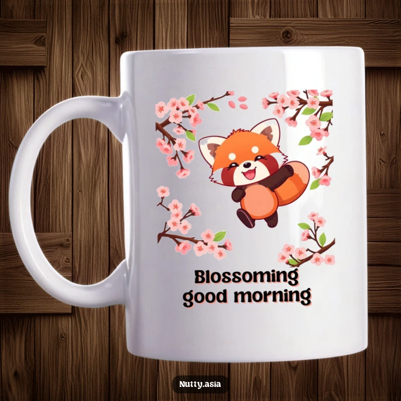 Funny red panda leaping joyfully through blooming cherry blossoms, a delightful spring mug.