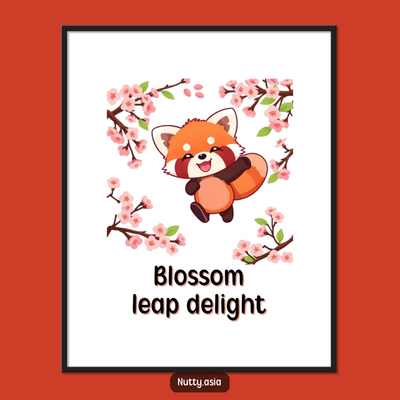 Funny Red Panda Blossom Leap Digital Art - Playful Animal Springtime Print