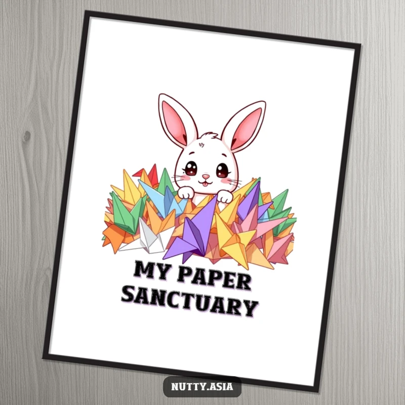 Funny digital art print of a cute bunny peeking with wide eyes from a pile of colorful origami cranes, full of wonder.