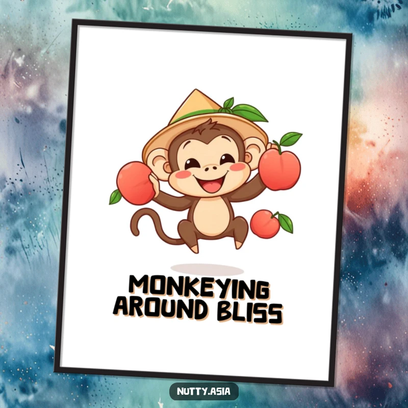 Cheerful monkey juggling peaches, printable art, humorous digital download.