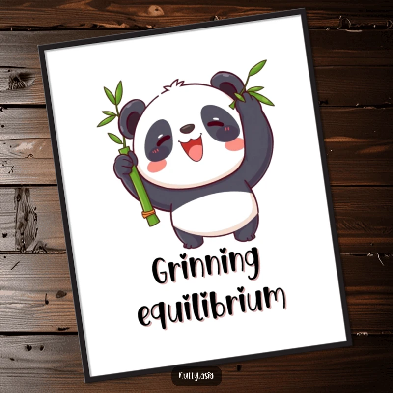 Whimsical panda balancing bamboo on its nose, printable art, humorous digital download.