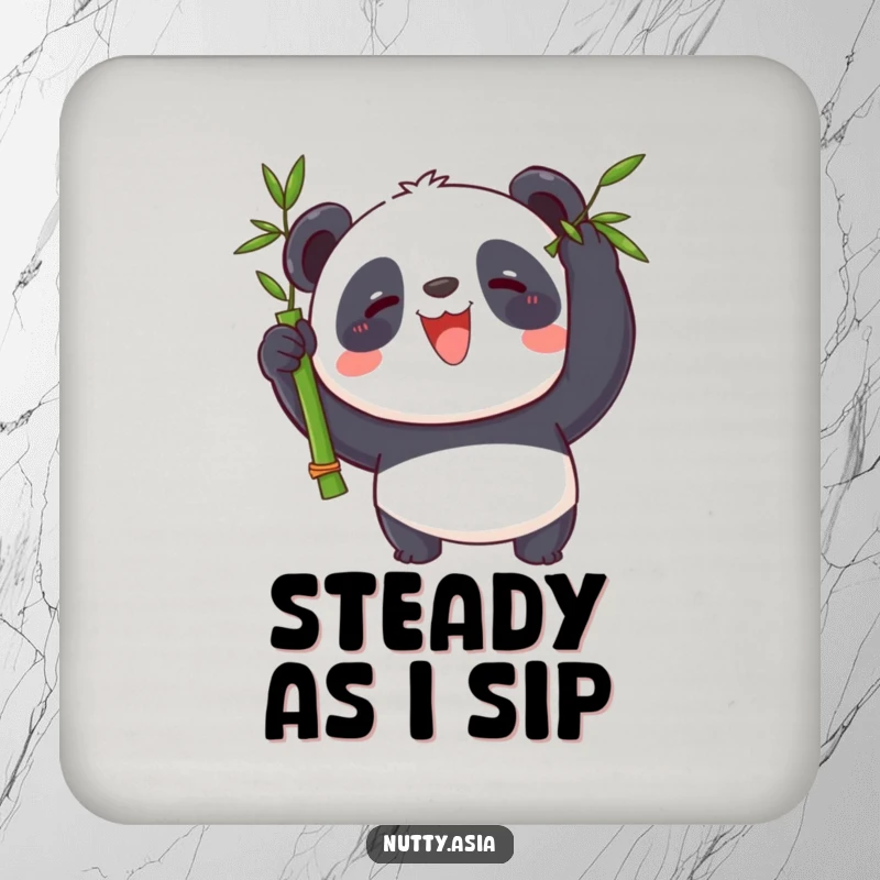 Funny panda balancing bamboo on its nose, protecting a table, a humorous and functional coaster.