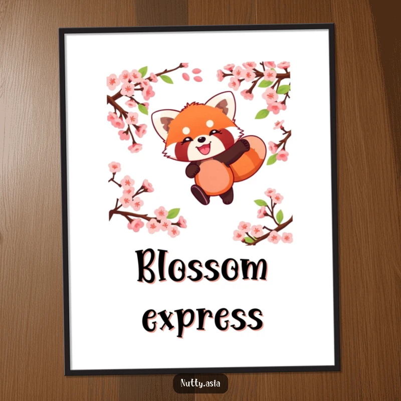 Delighted red panda leaping through cherry blossoms, a beautiful and humorous wall art.
