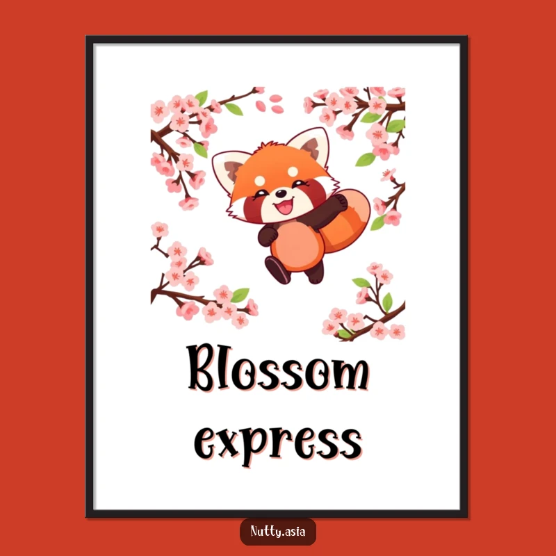 Funny Red Panda Blossom Leap Poster - Playful Animal Springtime Art