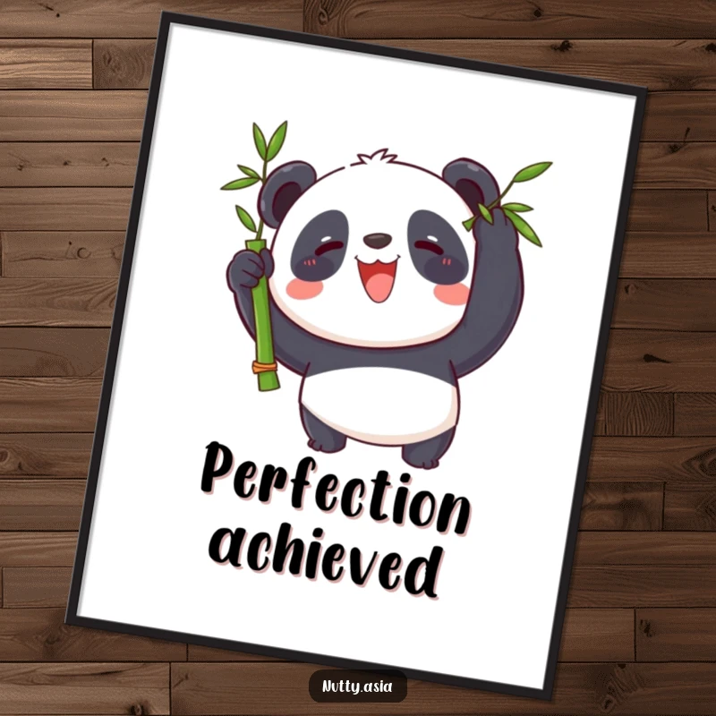 Whimsical panda character balancing bamboo on its nose, a delightful and humorous wall art.