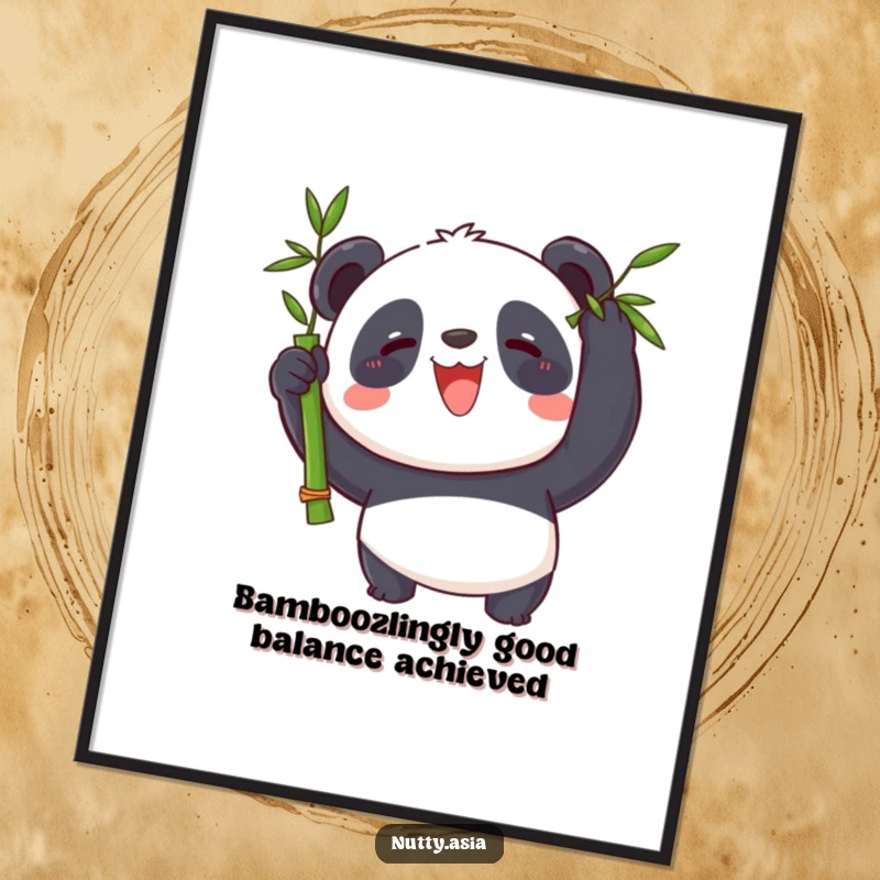 Funny free printable wall art: a whimsical panda with a wide grin, perfectly balancing a rapidly spinning bamboo stalk on its nose.