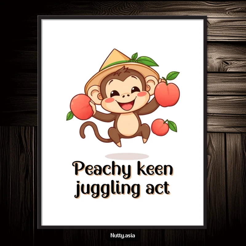 Funny free printable wall art: a cheerful monkey wearing a conical hat, expertly juggling ripe peaches with a look of pure delight.