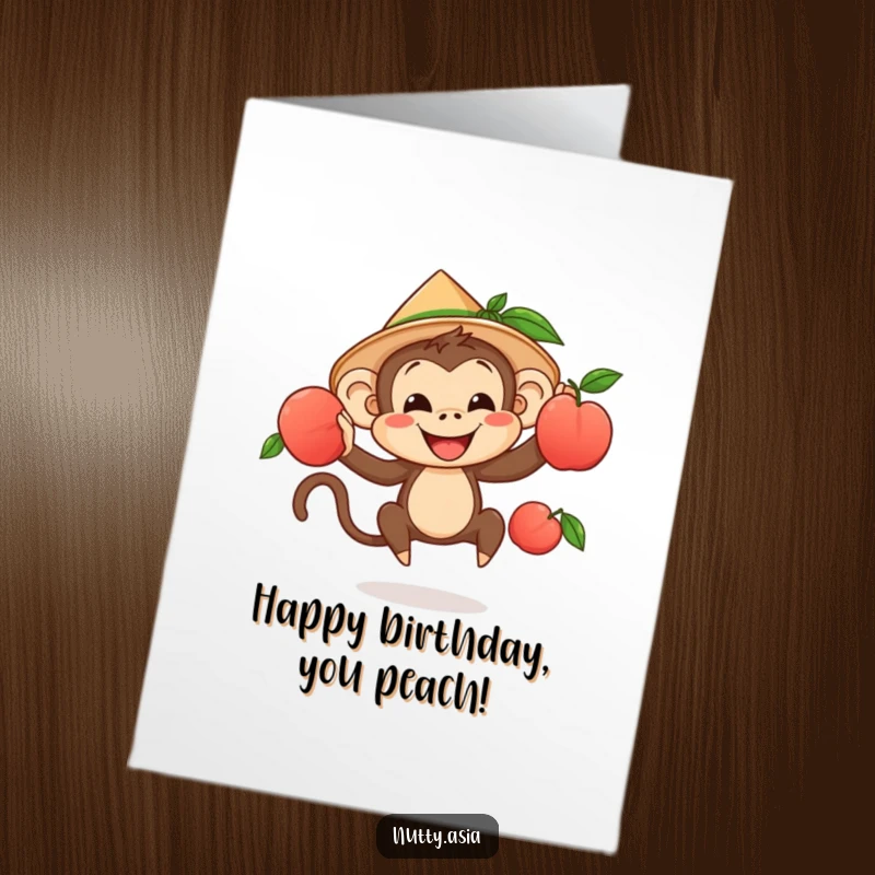 Funny free printable birthday card featuring a cheerful monkey in a conical hat, joyfully juggling ripe peaches with a mischievous grin.