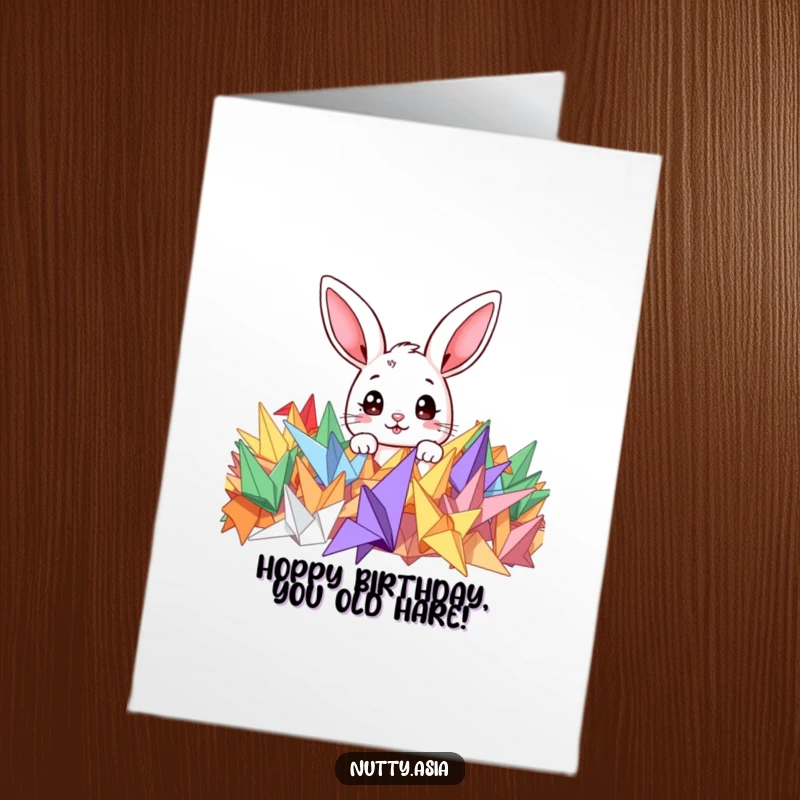 Funny Free Printable Birthday Card featuring a curious bunny peeking from origami cranes, a delightful DIY gift.