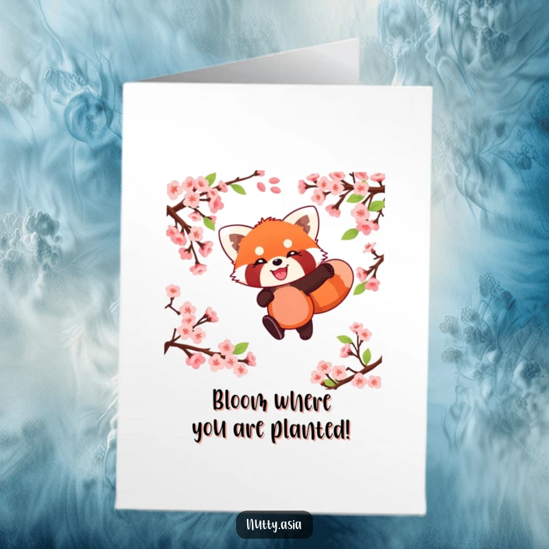 Funny free printable congratulations card showing a delighted red panda mid-leap through cherry blossoms, celebrating a fantastic achievement.