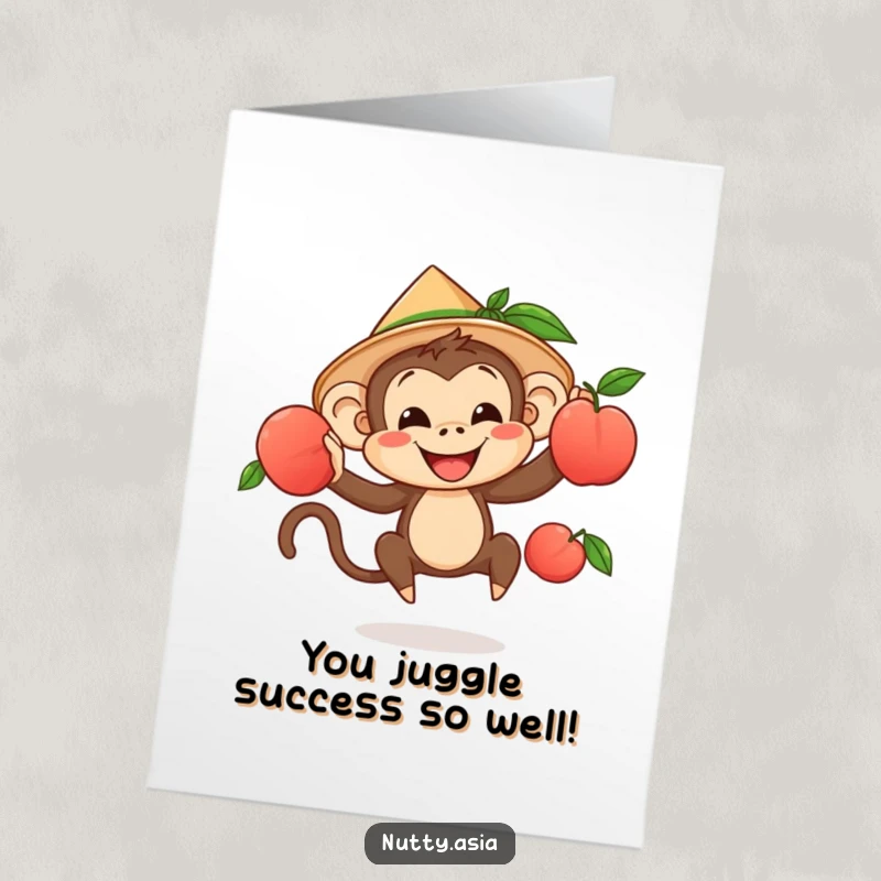 Funny free printable congratulations card showing a delighted monkey in a party hat, juggling peaches to mark a grand success.
