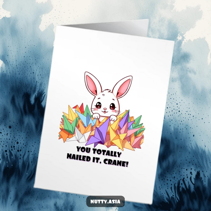 Funny Free Printable Congratulations Card with a cute bunny amidst origami cranes, a joyful DIY gift.