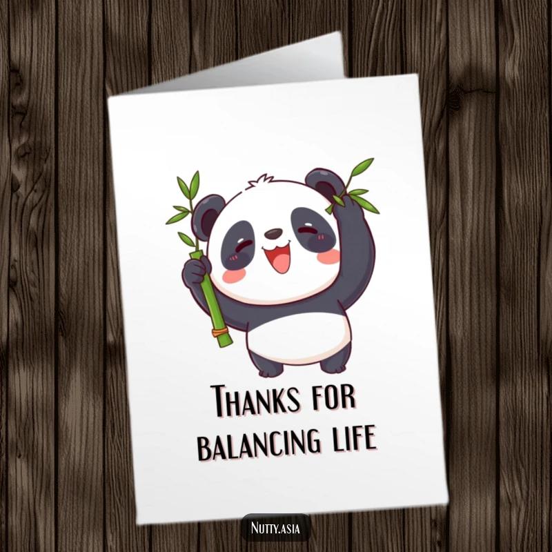 Funny free printable thank you card with a happy panda balancing a spinning bamboo stalk on its nose, conveying appreciation.