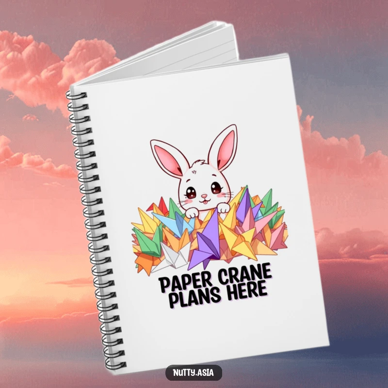 Funny notebook with a cute bunny peeking from colorful origami cranes, inviting creative ideas and playful thoughts.