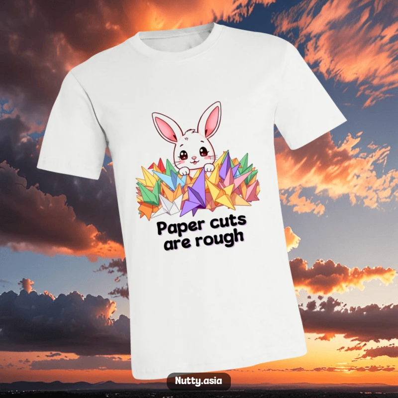 Funny t-shirt with a cute bunny peeking from colorful origami cranes, showcasing wide-eyed surprise and playful charm.